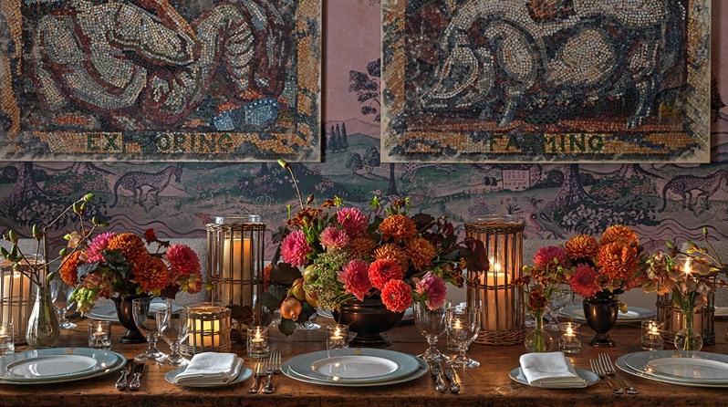 The Anrep Room at The Whitby Hotel, gorgeously set up with floral decoration for a dinner party