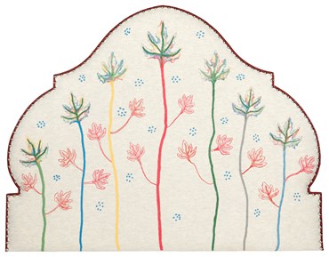 Onion shaped headboard in cream boiled wool with Irish leaf embroidery