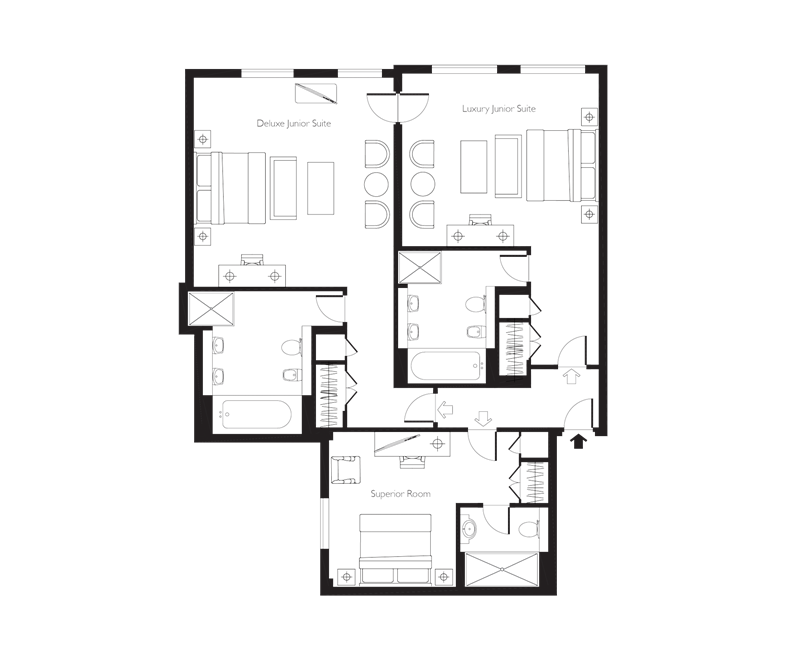 An image of the floorplan of the connecting by outer corridor room options (featuring a Luxury Junior, a Deluxe Junior Suite and a Superior Room)