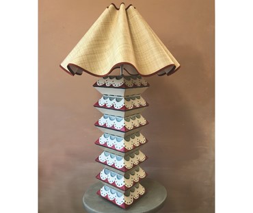Zig Zag lamp base painted with a retro red line and blue circle design