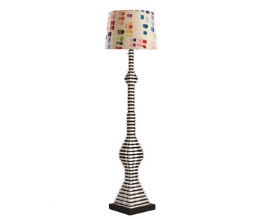 Standing Rocket lamp in black and white with a colorful fabric lampshade