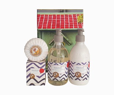 Gift Box on its side with a Lavender Shampoo and condition on display
