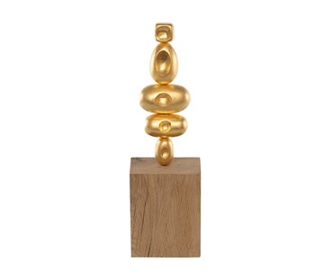 Totem Gold forms made from carved flax paper clay and gilded in 23 carat gold leaf. Gilded forms are displayed on an oak base.
Size H26 cm W8cm D6cm includes base