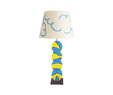 Blue and yellow painted stacked lamp with paper painted shade