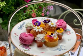 Chelsea Flower Show inspired Afternoon Tea in the leafy garden at Number Sixteen, including various colourful floral cakes