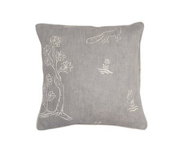 Cushion in Friendly Folk grey fabric and contrast piping