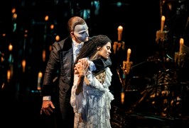 Killian Donnelly as The Phantomm, Lucy St Louis as Christine performing on stage in The Phantom of the Opera at Her Majesty's Theatre in London