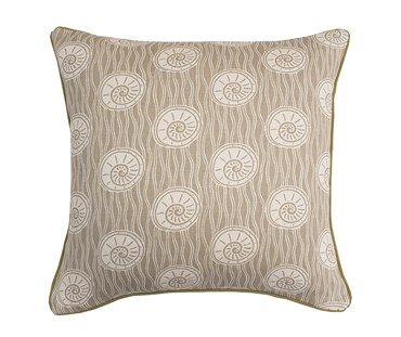 Royal Snail cushion in grey with snail shell in white and contrast green piping