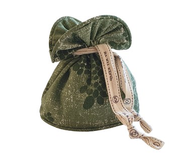 Lavender pouch in green mud print fabric with Kit Kemp ribbon tied around