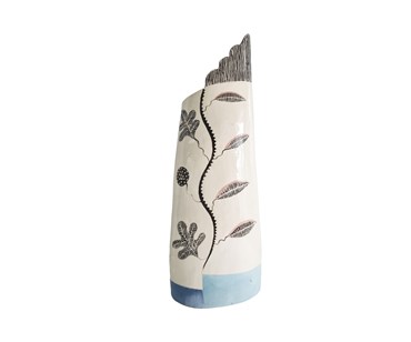 Tall cylindrical abstract and leaves and branches jug