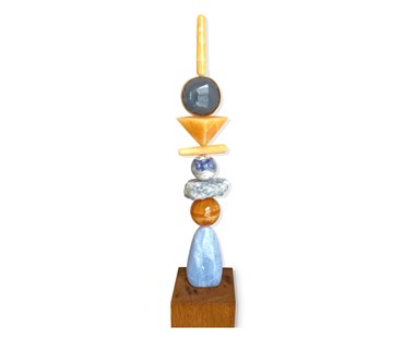 TOTEM 65 is entirely unique made from the following precious crystal stones:
From the top – Orange calcite wand, Brazilian Agate, orange calcite pyramid, orange calcite wand, Arganiste sphere, raw Blue Calcite, honey jasper sphere, large blue calcite freeform. The stones are supported on a central support sitting on a sapele wood base.