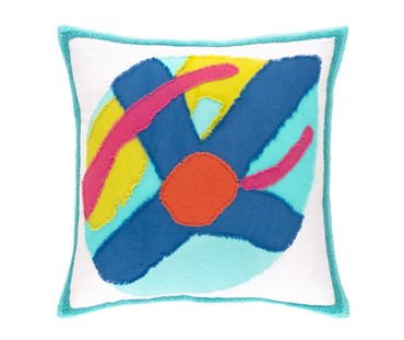 A handmade art piece, infused with expert hand applique and embroidery, an accent pillow that feels like something so much more, a signature aesthetic and distinctive sense of color shines through in each iteration of this kinetic, abstract design.