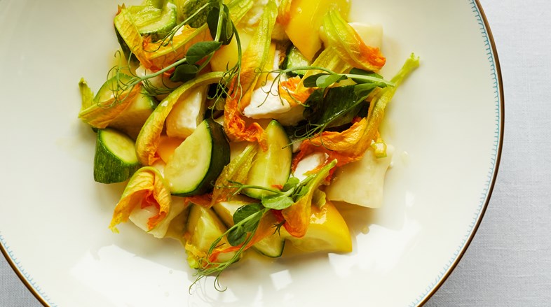 Potato gnocchi with ricotta, courgettes and their flowers