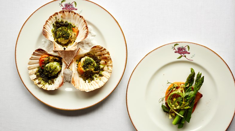 Baked Cornish scallops, wild garlic butter and a side dish of garnish