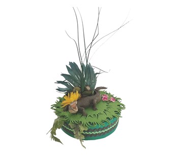 Papier-Mache and cardboard Royal Ascot hat featuring a crocodile in a swamp