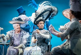 A photograph from the stage production of My Fair Lady showing Dame Vanessa Redgrave as Mrs Higgins and Amara Okereke as Eliza Doolittle. Credit Marc Brenner
