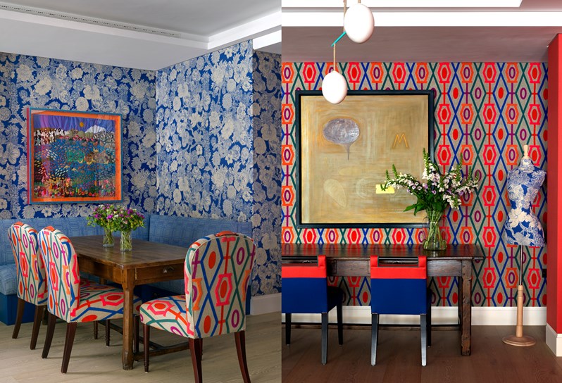A split image of the lobby reception area at 9-11 Richmond Buildings.. On the left is an image with a wooden dining table with colourful banquette seating and three dining chairs. The walls are upholstered in a colourful blue and white floral patterned fabric. On the right is an image of a wooden table with two small dining chairs, a large bouquet of flowers and a mannequin upholstered in a blue floral fabric.