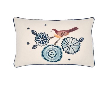 Hand made applique rectangular cushion with brown bird in graphic abstract flowers in tones of blues and cream - cushion made in cream wool material