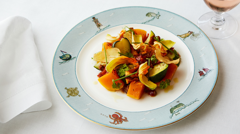 Varieties of summer squash with caponata, courgette flowers and fine herbs