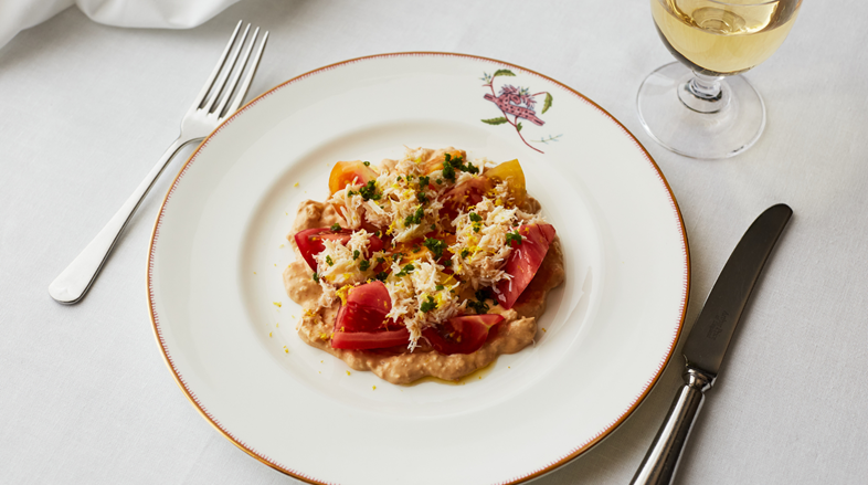 Portland crab with heritage tomato salad and brown crab mayonnaise