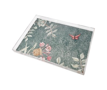 Acrylic tray in Kit Kemp papillon wallpaper design featuring butterfly and tree branches on teal colour.