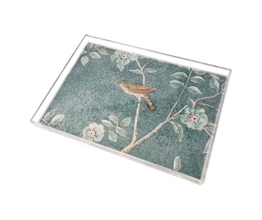 Acrylic tray in Kit Kemp papillon wallpaper design featuring brown bird and tree branches on teal colour.