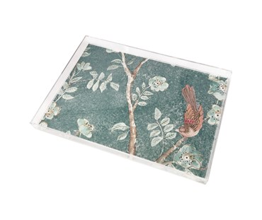 Acrylic tray in Kit Kemp papillon wallpaper design featuring brown bird and tree branches on teal colour.