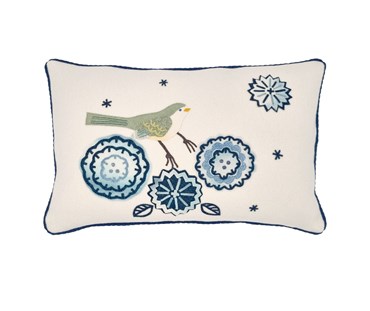 Hand made applique rectangular cushion with green bird in graphic abstract flowers in tones of blues and cream - cushion made in cream wool material