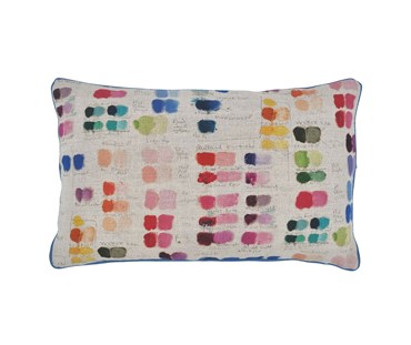 Cushion in Mixed Tones fabric - An entirely charming and intimate display of the artist's palette. This stunning spectrum of colour is beautifully illustrated by hand written notes and names, adding to the design's authentic charm and is countered by a linen-rich neutral ground.