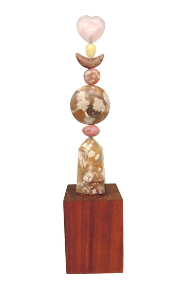 TOTEM 60 is made from the following precious crystal stones:
From the top – Rose quartz heart, yellow agate, flower agate moon, 2 x flower agate galet, rhodonite galet and flower agate point. The stones are supported on a central support sitting on a sapele wood base.
Size H41cm W9cm D9cm includes base