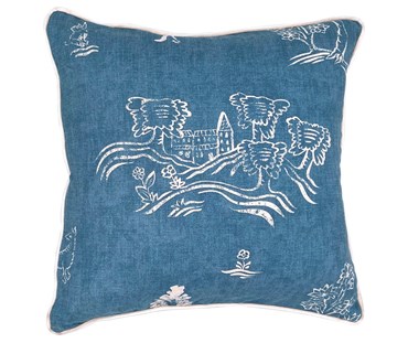 This blue cushion, is made from Kit's Friendly Folks fabric, which is inspired from 15th Century Tapestries and features forest animals peeping through stylised drawings , in white of the British landscape, against a denim blue background, with white contrasting piping.
Due to fabric pattern repeat each cushion is different, in placement of the design.