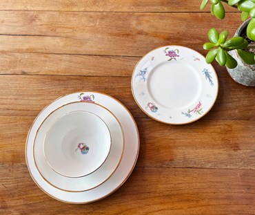 Life style shot of mythical creatures dinner service , consisting of one dinner plate, side plate, and small pasta bowl, all with Mythical creatures frolicking on the rim of the plates, or in the centre.