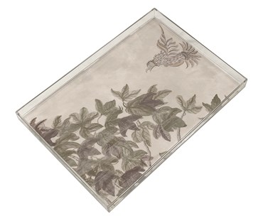A Transparent Acrylic tray, in which is encased a segment of the tall trees mural wall paper, in pale beige, with green and brown plant life , this bird tray focuses on the a birds in the enchanted forest's tree tops.