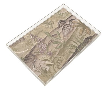 A Transparent Acrylic tray, in which is encased a segment of the tall trees mural wall paper, in pale beige, with green and pink plant life , this floral tray focuses on the bluebell like pink plant-life of the enchanted forest's floor.