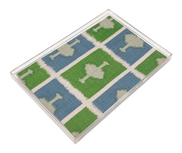 Transparent acrylic tea tray, in which Kit Kemp's Ozone fabric in tile like rectangles in bright green, and teal, with white borders, and mushroom cloud design in the middle of the tiles, is encased to form a unique flash of colour to any coffee table