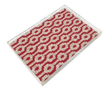 Transparent Acrylic tray, in which is encased a natural beige linen fabric, which is embroidered with a large red hexagonal pattern running in vertical patterns across the tray.