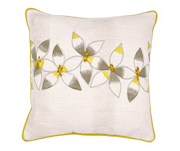 Kit's Daisy chain linen fabric is presented here as a beautiful floral cushion , with simplified flowers forming a central band of butter yellow and soft grey, and taupe, on a ecru ground, over embroidered with gold detailing
and contrasting yellow piping.
Size: 45 x 45cm