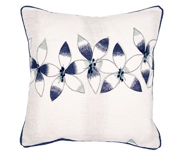 Kit's Daisy chain linen fabric is presented here as a beautiful floral cushion , with simplified flowers forming a central band of navy and soft grey, and duck-egg blue, on a ecru ground, over embroidered with navy, and duck egg detailing
and contrasting navy piping.
Size: 45 x 45cm