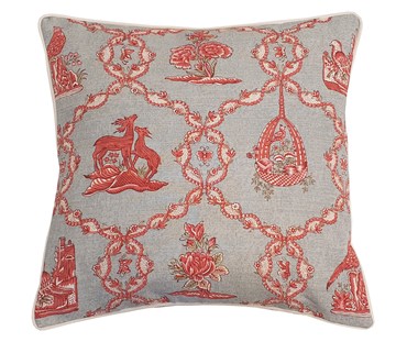 Hornfleur cushion in red tones with vibrant colours in this modern yet traditional fabric.