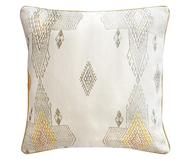 45 by 45 cm cushion travelling light fabric (showing with a contemporary kilim design), in taupe, and grey on a off white linen ground, with yellow, and rust contrasted detailing, and with yellow piping trim.