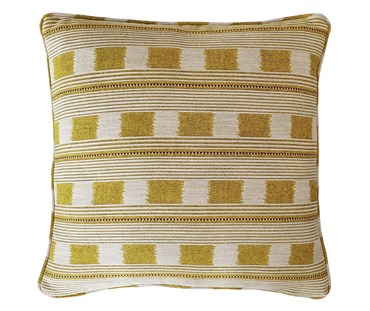 A Citrine yellow & ecru cushion, in Kit's Lost and Found fabric, which is a design made up of chequer board squares, framed by panels of narrow ecru and yellow stripes, and contrast red tipping.