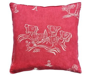 Red friendly folk red fabric, featuring simplified white line drawings of English countryside scenes, and animals, on a red linen base.