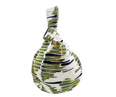 The Boogie Loop Bag is created from Boogie Board, the Annie Selke, Kit Kemp collaboration, in striking shades of green stripes on ecru base on the outer side and a sage "Tea leaves" botanical print, on and ecru base on the inner.