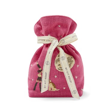 Our Moon dog lavender bag, features a hand embroidered dog, looking through a telescope at the moon and starred dotted in a bright pink sky, and is tied with a natural Kit Kemp ribbon, and lined matching pink linen, and filled with lavender,
(photographed face on).