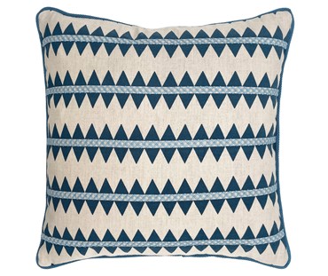 This 45x45cm cushion is made from an embroidered fabric, featuring blue diamond stripes, split in two with central embroidered panel in pale blue, on a ecru ground.