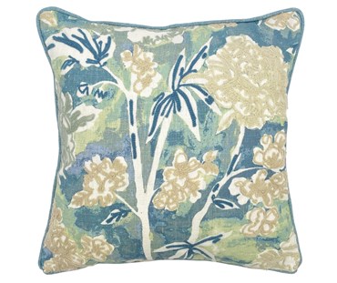 This unique 45x45 cm floral cushion features Blousy Peonies, in muted blues, and greens, with Blue over-stitched embroidery stems, with pastel blue piping.