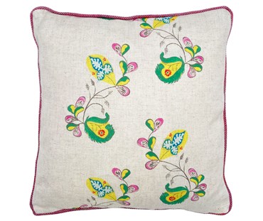 Our Pyscho Sprig Cushion in yellow is one of Kit's Most recognised prints,made in collaboration with Andrew Martin, it’s floral sprigs curl playfully along the fabric, in bright yellow, pink and green on a white linen ground, and adds a touch of spring to any room.