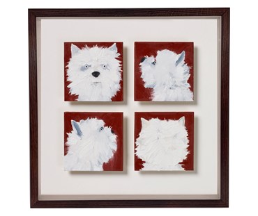 A 33.5cm x 33.5cm framed artwork, featuring 4 individual 10 x10 cm oil paintings of a white Westie, facing forward, back, left a right, as per a police mug shot, against a deep terracotta background, float mounted on white conservation board, and framed in a simple dark brown wooden frame, By Holly Frean.