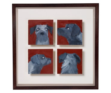 A 33.5cm x 33.5cm framed artwork, featuring 4 individual 10 x10 cm oil paintings of a grey terrier, facing forward, back, left a right, as per a police mug shot, against a deep terracotta background, float mounted on white conservation board, and framed in a simple dark brown wooden frame, By Holly Frean.