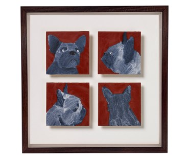 A 33.5cm x 33.5cm framed artwork, featuring 4 individual 10 x10 cm oil paintings of a grey Frenchie , facing forward, back, left a right, as per a police mug shot, against a deep terracotta background, float mounted on white conservation board, and framed in a simple dark brown wooden frame, By Holly Frean.